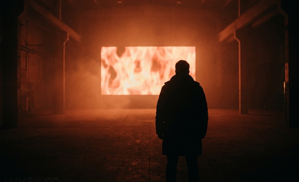 A lone silhouette watching a large glowing screen in a dark room, moments before the session begins