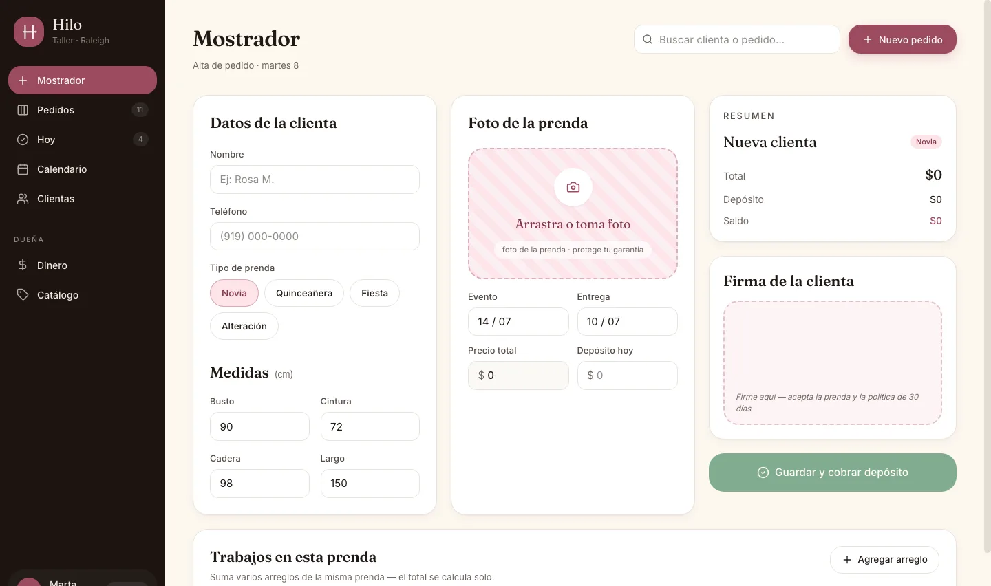 Mostrador de Hilo: datos de la clienta, medidas, foto de la prenda, firma de la clienta y cobro del depósito — todo en español.